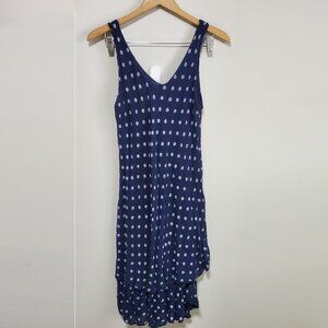 BELLA AMORE Linen Blend Summer Dress Polka Dot Layered Blue White Women's Small